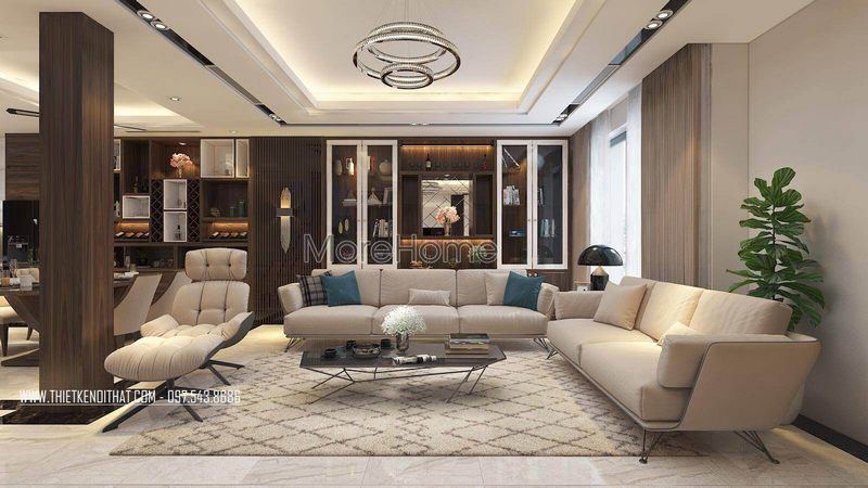 Nhà phố biệt thự hiện đại, sang trọng sẽ được thiết kế nội thất phòng khách bằng gỗ tự nhiên.