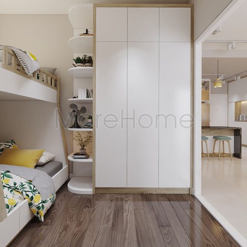 Sử dụng mẫu thiết kế tủ quần áo thông minh đẹp màu trắng để tận dụng tối đa diện tích hạn chế của các góc phòng và tạo ra không gian phòng ngủ lí tưởng.